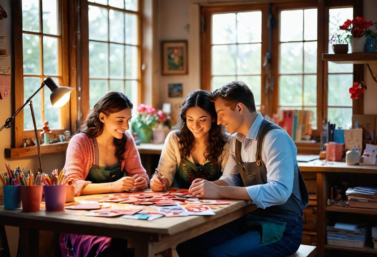 A whimsical scene depicting a couple in a cozy, artistic workshop filled with charming love-themed creations like handmade cards and thoughtful gifts. Soft sunlight filtering through large windows illuminates their faces as they work together, surrounded by colorful art supplies and heart motifs. The atmosphere is warm and inviting, capturing the essence of creativity and connection in a romantic setting. super-realistic. vibrant colors. 3D.