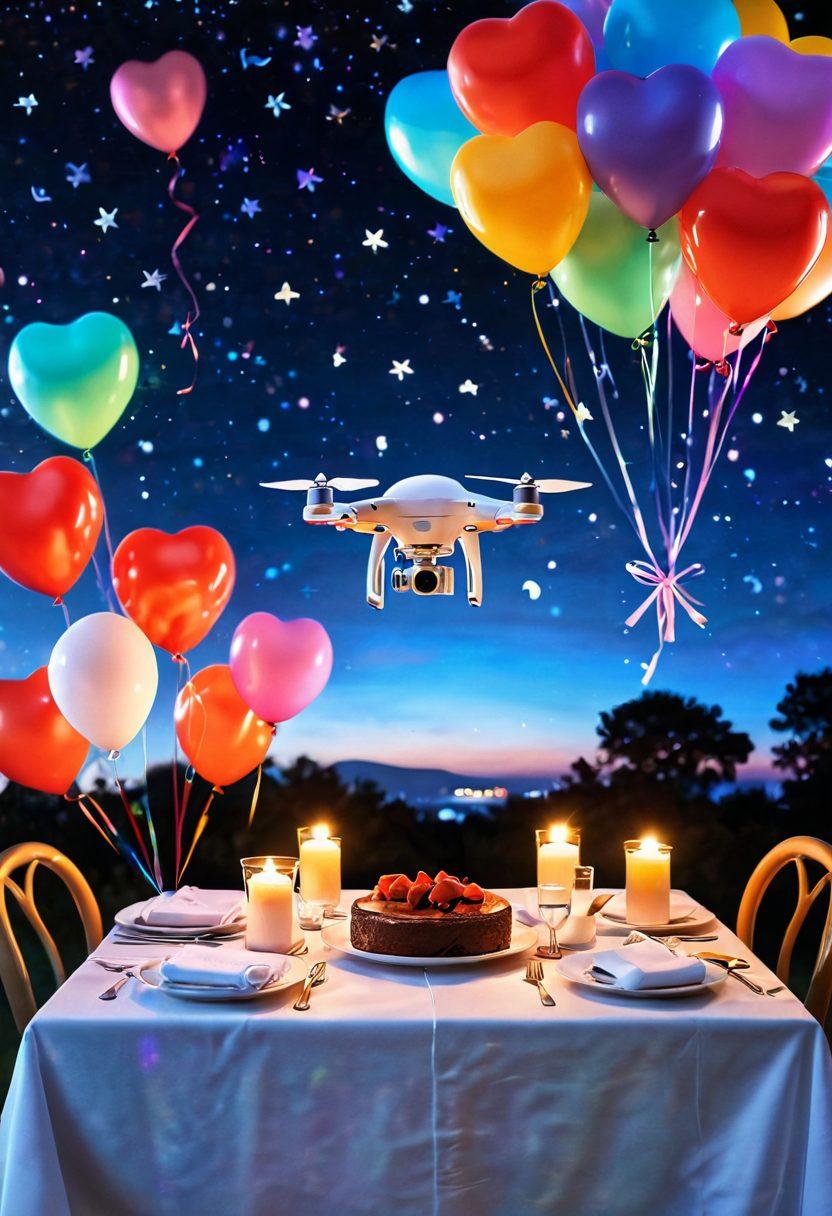 A whimsical scene depicting a cozy candle-lit dinner with innovative gadgets like a heart-shaped drone serving dessert and a smartphone displaying love quotes. Surrounding the table are colorful, fluttering heart-shaped balloons, and the backdrop features a starry night sky. The atmosphere is filled with warmth and romance, igniting a sense of affection and devotion. vibrant colors. super-realistic. fantasy art.