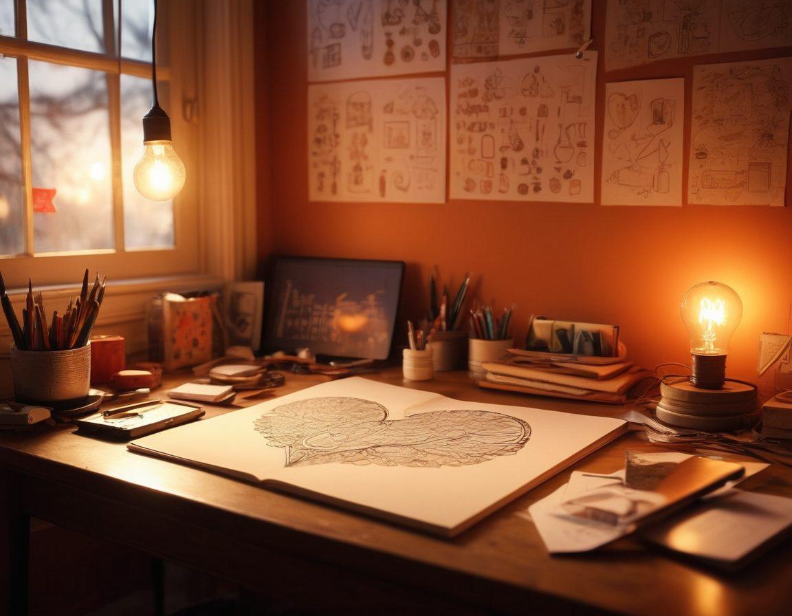 A cozy workspace filled with creative tools, warm colors, and sketches of affectionate inventions. A glowing lightbulb symbolizes inspiration, surrounded by sketches of heart-shaped designs and intimate gadgets that foster connection. The background is softly blurred to emphasize the designs in the foreground, evoking a sense of passion and intimacy in creativity. warm and inviting ambiance. super-realistic. vibrant colors.